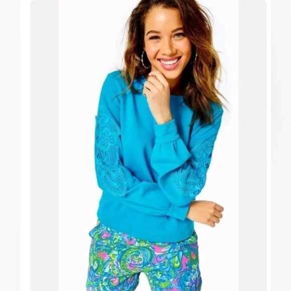 Lilly Pulitzer Women's XS Blue Pullover Sweatshirt Lace Crochet Sleeve Casual - Picture 12 of 12
